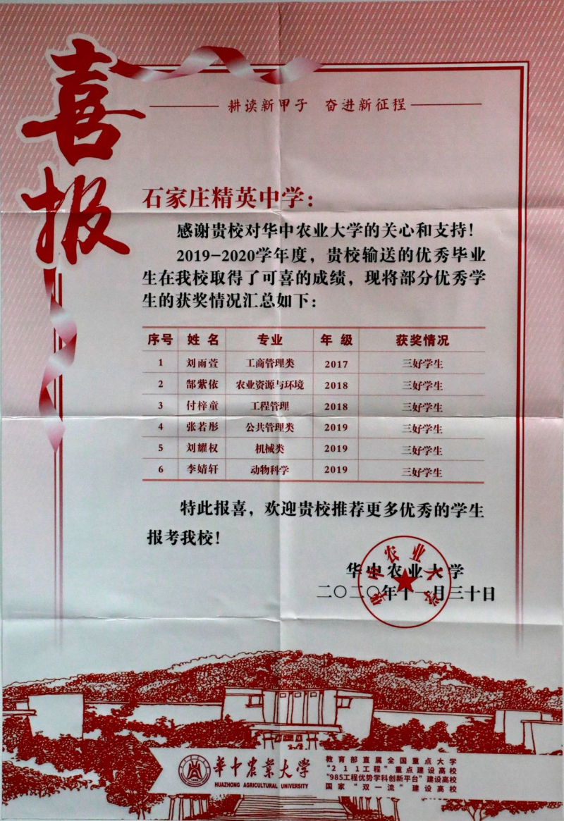 “雙一流”建設(shè)高校華農(nóng)、南農(nóng)、河工大向石家莊精英中學(xué)發(fā)來喜報(bào)